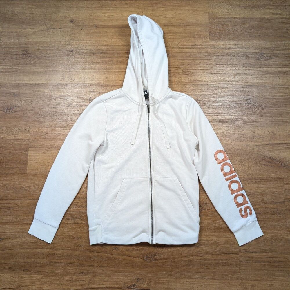 Adidas Essentials Full Zip Hoodie Womens Large White Logo Long Sleeve Athletic